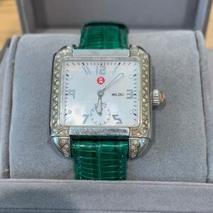 Michele Silver Watch with Green Strap